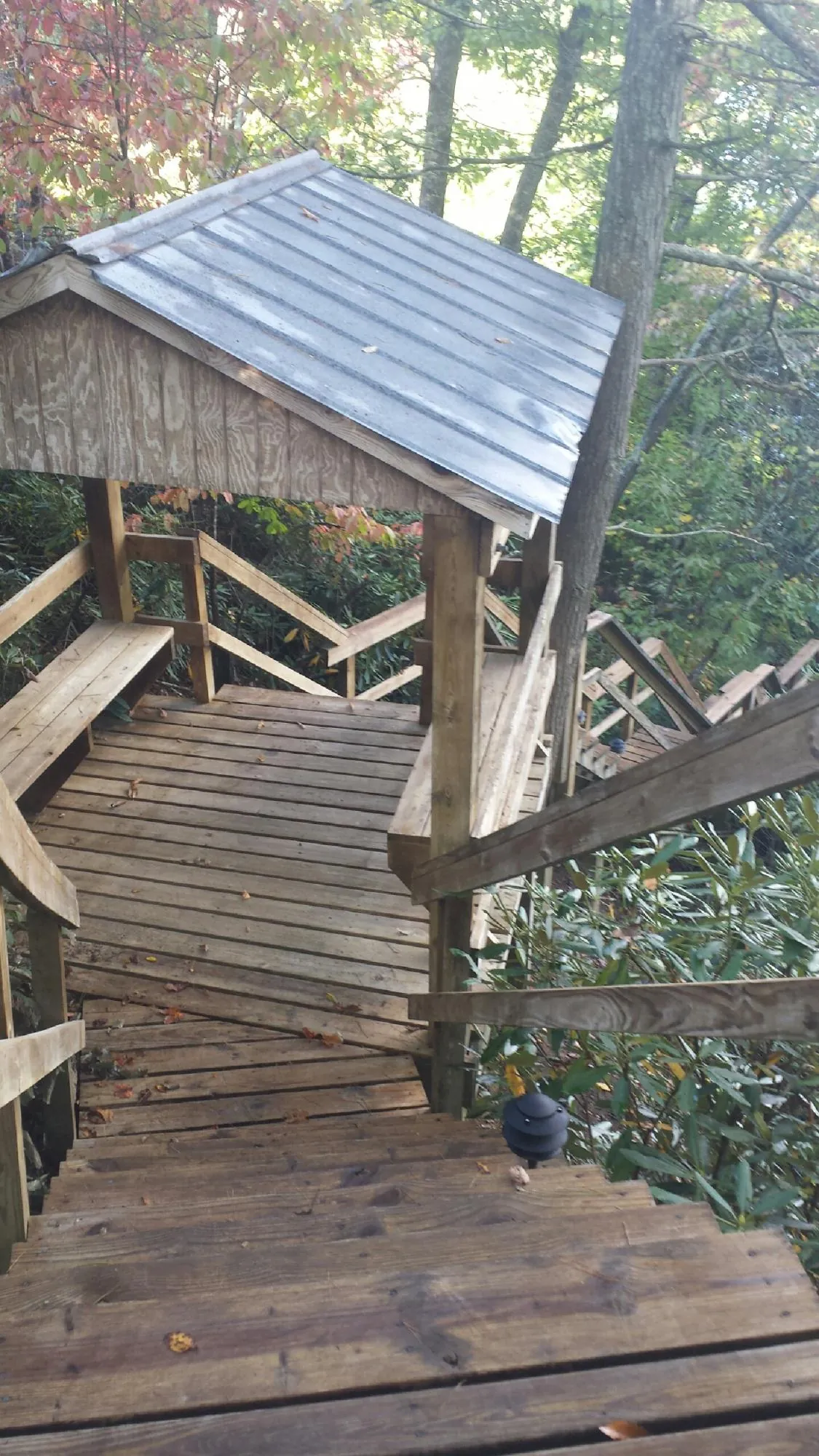 Metal roofed shelter over wooden steps on a wooded walkway — Skylight Repair & Installation work by our crew in Monteview